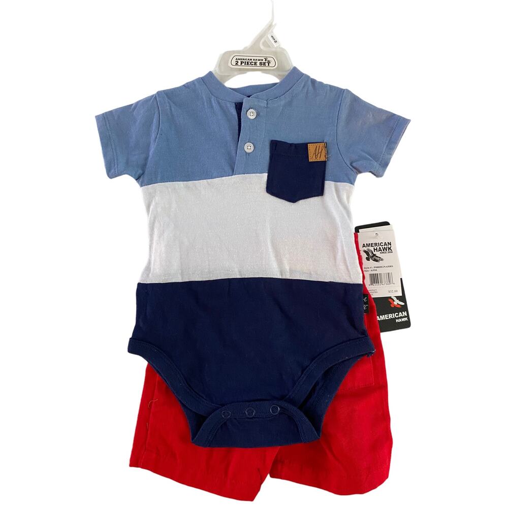 American Hawk baby boy 6/9 2-piece short set, red and blue NWT